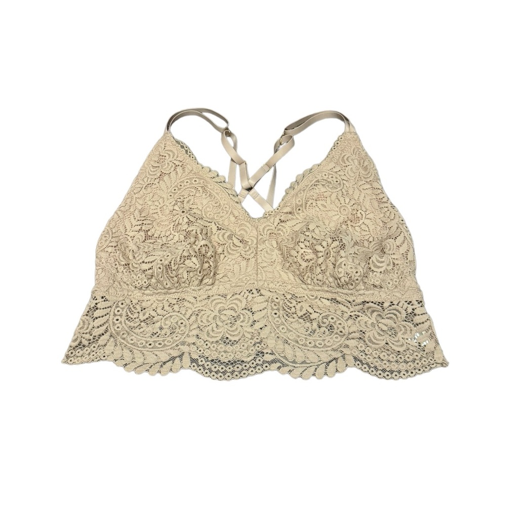 Aerie Cream Tan Lace Bralette Size XL Adjustable Crisscross Back Lounge Comfort